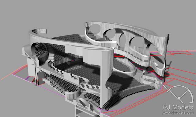 戲曲中心建筑模型的大小為1230mm X 830mm X 590mm ，歷時(shí)1個(gè)月制成。戲曲中心的外觀別樹一格，糅合了傳統(tǒng)與現(xiàn)代元素，整體屬于流線型設(shè)計(jì)，外觀如同舞臺(tái)簾幕一般。從建筑模型的設(shè)計(jì)中觀看，▲戲曲中心的結(jié)構(gòu)為流線外型和內(nèi)部空間， 呈現(xiàn)出「氣」的概念。。